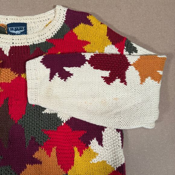 Vintage Fall Leaf Sweater Autumn Maple 80s 90s Ramie Knit BEST American L - Picture 4 of 9